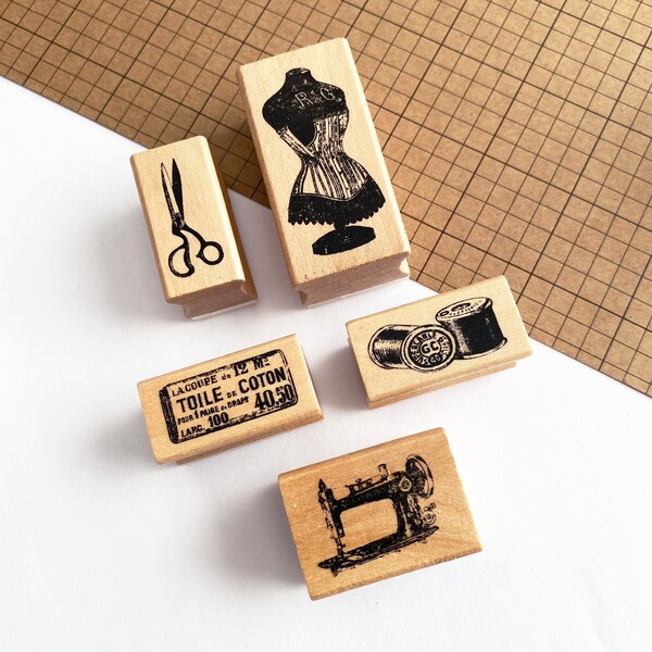 Sewing Themed Wooden Rubber Stamps - Choose from Scissors Mannequin Sewing Machine Fabric Cotton Reels - Printing Scrapbook