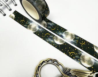 Moon & Stars Washi Tape | Gold Foil | 1.5cm x 10m | Paper Stationery Planner
