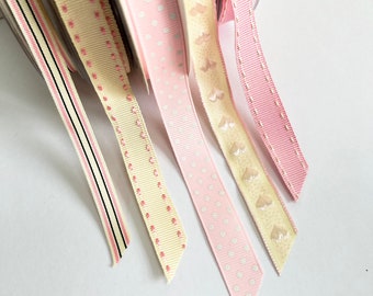 Pink White & Cream Ribbon | Grosgrain Heart Spot Stripe | Baby Shower Wrapping Craft | 16mm 10mm