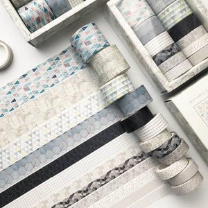 Washi-tape print en effen papier | Set van 12 | Journaling scrapbooking grijs