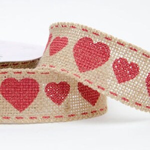 38mm Hessian Jute Burlap Red Heart Ribbon - Valentine’s Wedding Craft - Sewing Cakes Wrapping - Per Metre or Full 10m Roll