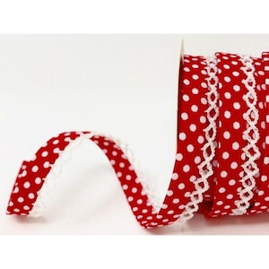 Biaisband 12 mm Rood Wit Roze Grijs Blauw Gestippelde Kant Gestippelde Kant