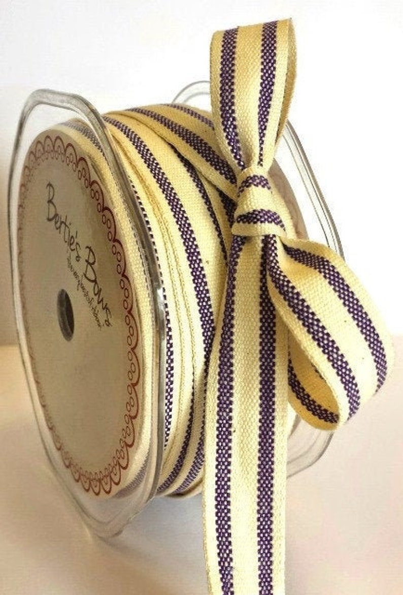 FREE UK POSTAGE! 16mm Rustic Vintage Style Purple /& Cream Woven Cotton Ticking Stripe Ribbon Choose 1m to Full 20m Roll