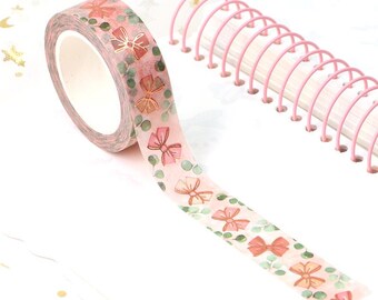Rose Gold Foil Pink Bow & Eucalyptus Leaf Washi Tape | 15mm x 10m | Planners Collage Scrapbook Journal