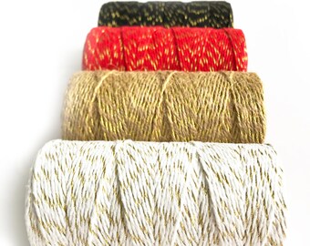 Metallic Lurex Bakers Twine 100m Rolle | Wrapping Craft Rustikaler String | Gold Silber Weiß Natur Rot Grün Metallic