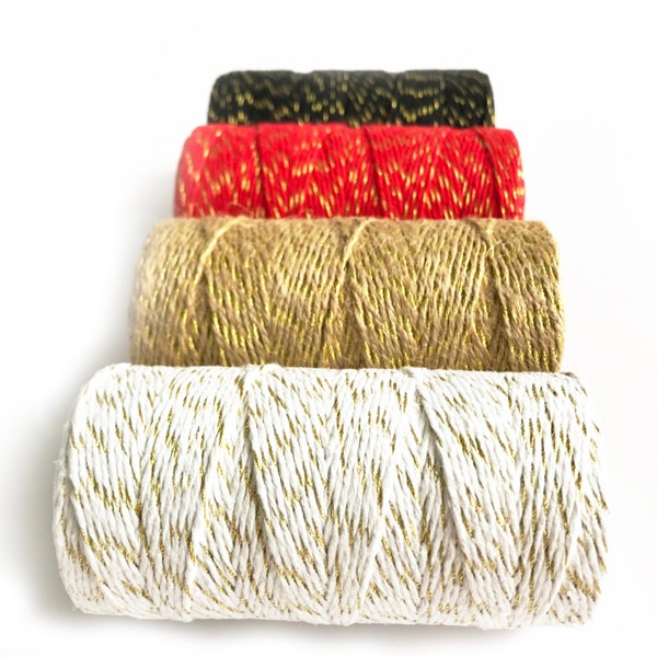 Metallic Lurex Bakers Twine 100m Rolle | Wrapping Craft Rustikaler String | Gold Silber Weiß Natur Rot Grün Metallic