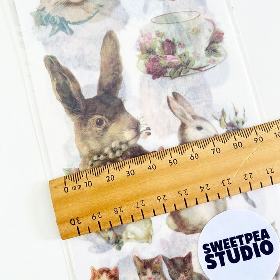 Scrapbook Rabbit Sticker Rabbit & Cat Stickers Vintage Dull Old Kitten Bunny Flower Cup Animal ...