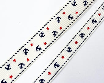 Anchor & Star Grosgrain Ribbon | 9mm or 16mm Cream | Nautical Seaside Theme Wrap Sewing Craft