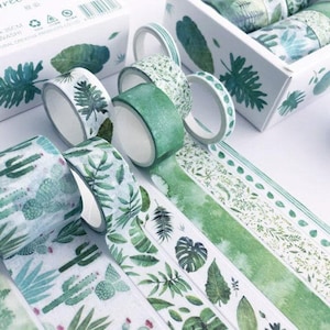 Lot de rubans adhésifs Washi vert tropical | Usine de caoutchouc de cactus de plantes d'été | Création d'un journal pour scrapbooking | Lot de 8