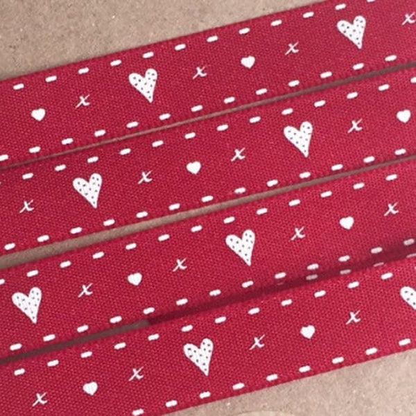 Rotes und weißes Band-Herz und Küsse | Basteln und Verpacken 15mm | Pro Meter oder volle 20-m-Rolle