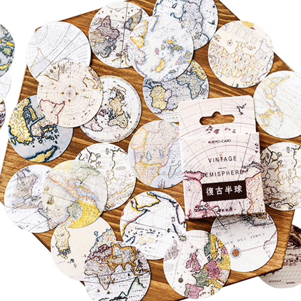 Set of 46 Vintage World Map Mini Box Stickers - Peel Off Sticker - Sc…