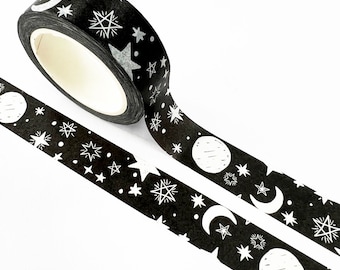 Ruban adhésif Washi noir et blanc, étoiles de lune | 15 mm x 10 m | Papeterie Journal Scrapbooking
