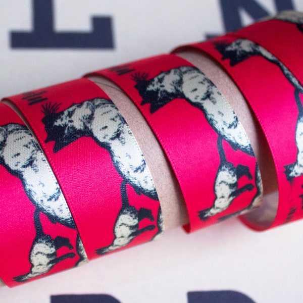 25mm Bright Pink Satin Ribbon - Cat  'Miaow' Printed design - Per Metre or Full Roll - FREE UK POSTAGE!