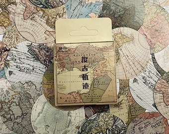 Round Vintage Map Stickers | 46 Mini Box Scrapbooking Sticker | Travel Journalling Stationery Albums