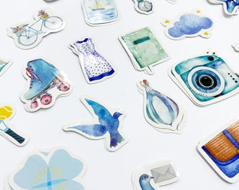 Cute Journal Stickers | 40 Paper Peel Off Hobby Set | Camera Bicycle Diary Bow
