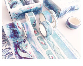 Blue Whale Washi Tape Set | Sea Waves Leaf Watercolour Tape | Journalling Scrapbooking Paper Craft