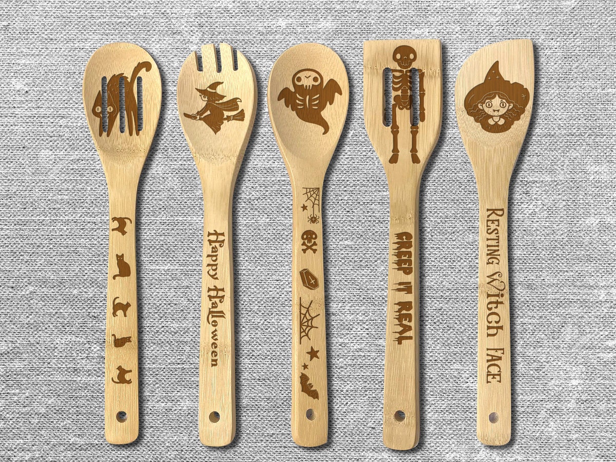 Happy Halloween Bamboo Kitchen Cooking Utensils Set Halloween Etsy