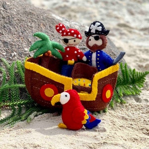 Pirate play set with pirate doll, captain, treasure, parrot, palm tree and pirate ship, imaginative play, boys gift, handmade kids