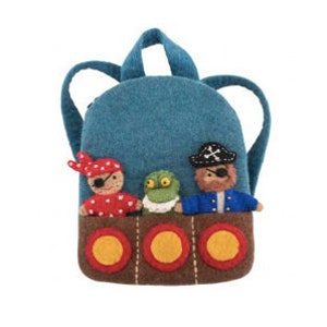 Pirate back pack with finger puppets, crocodile, pirate, captain, imaginative play, boys gift, girls gift, felt bag, handmade kids image 2