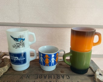 Choice of Vintage Mugs, Fire King Painted Milk Glass, Blue Jay Milk Glass, Aberdeen Proving Grounds Milk Glass, Children Ceramic Mug Japan