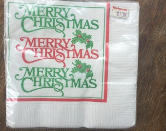 Vintage Christmas Cocktail Napkins, NOS, Small Napkins, Merry Christmas, Tree and Red, Holly, Cocktail, Cocktail Culture, Holiday Party,