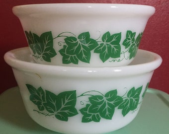 Duo of Retro Hazel Atlas Ivy Mixing Bowls, Milk Glass, Medium, Large, Good Vintage Cond, Vintage, Cooking, Baking, Collectible, Kitchenalia