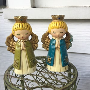 Adorable Retro Set of Angel Candlestick Holders, Christmas, Holidays, Shabby Chic, Vintage, Angelic, Made in Japan, C 2803, Blue, Green