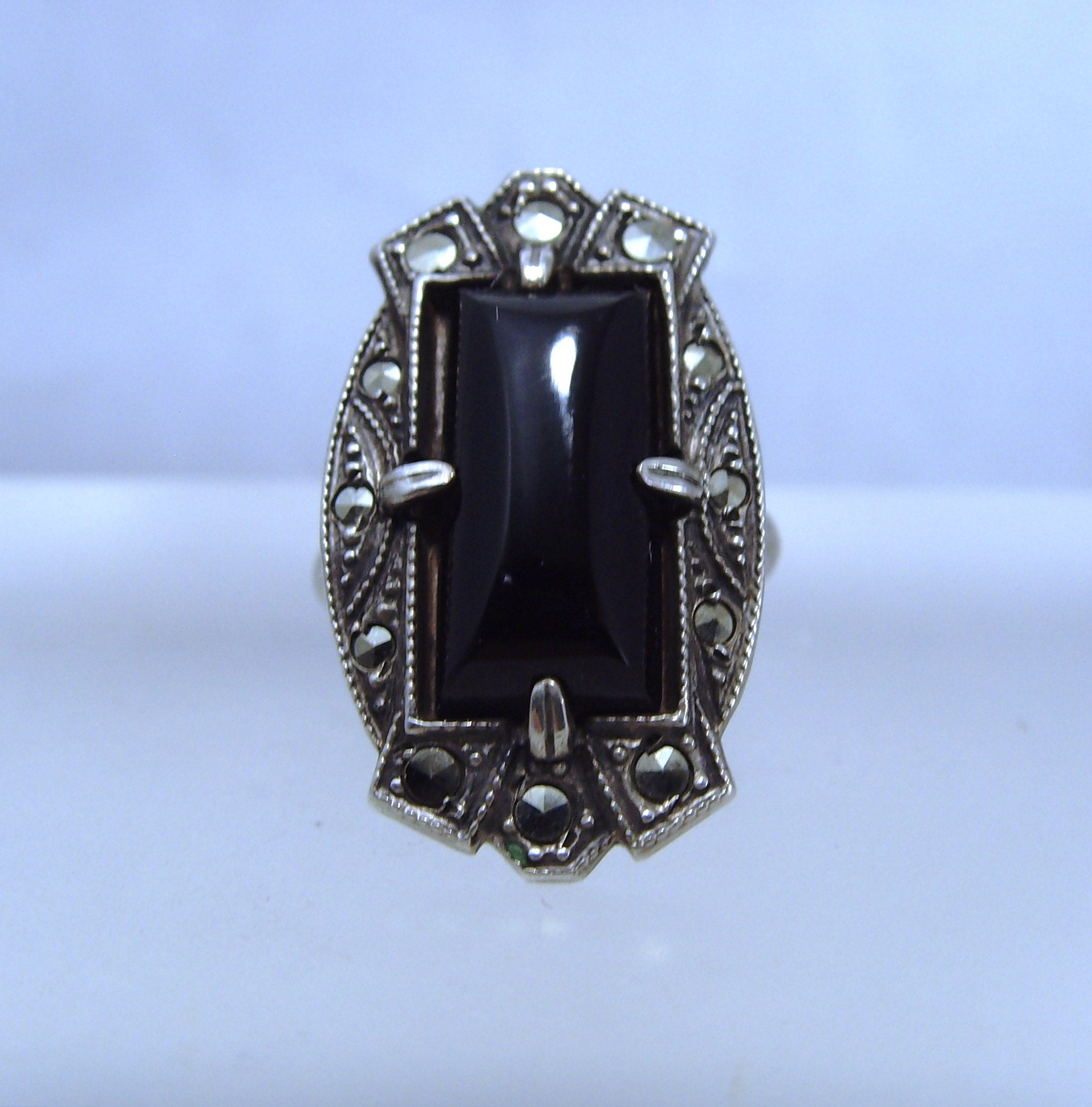 Bague Art Déco En Argent 925 Et Marcassite - Taille 51, Années 1920-1930 - Occasion