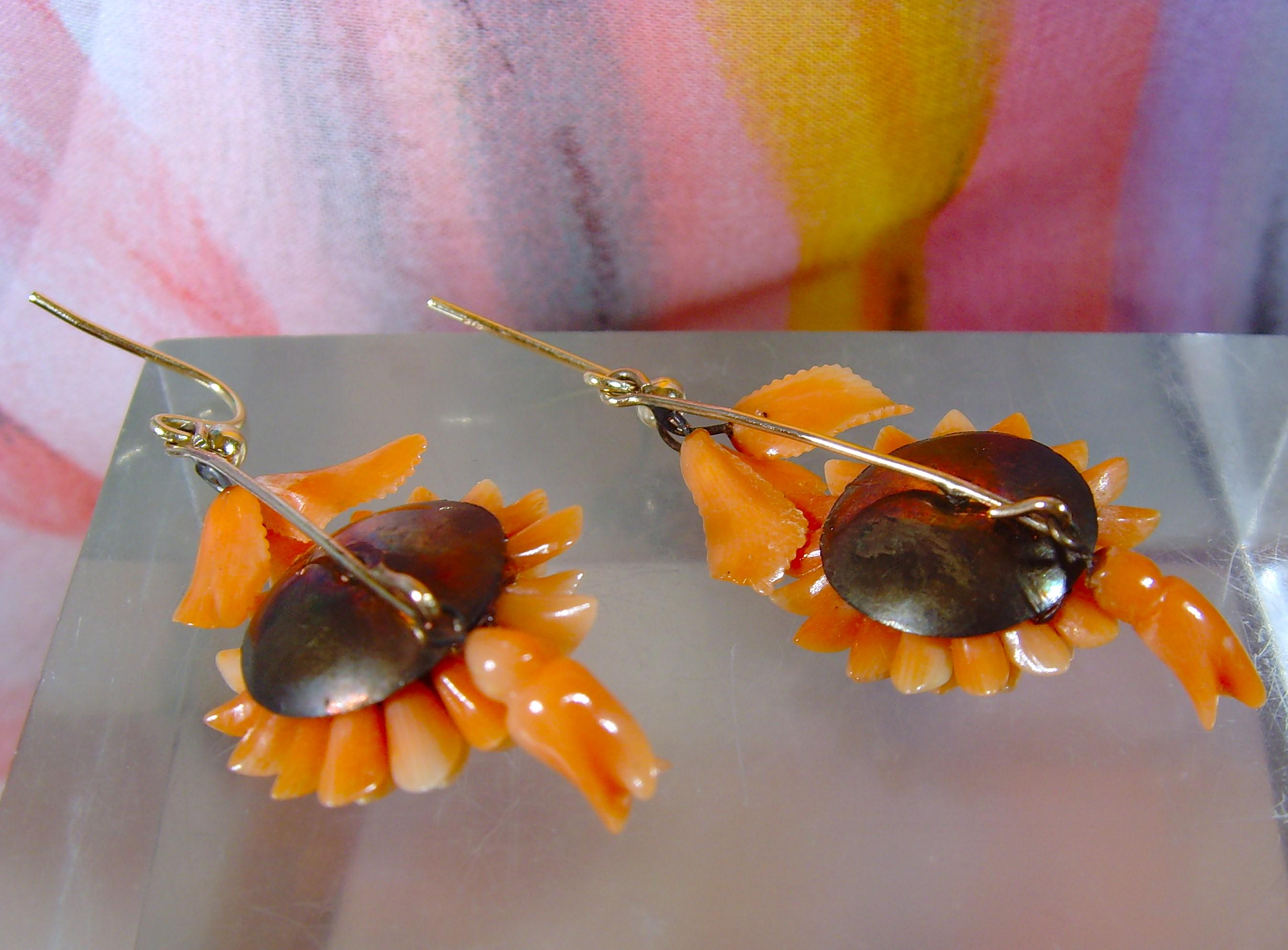 Boucles D'oreilles Victoriennes Anciennes - Or 18 Carats, Camées Corail, Gouttes Girandole, Occasion