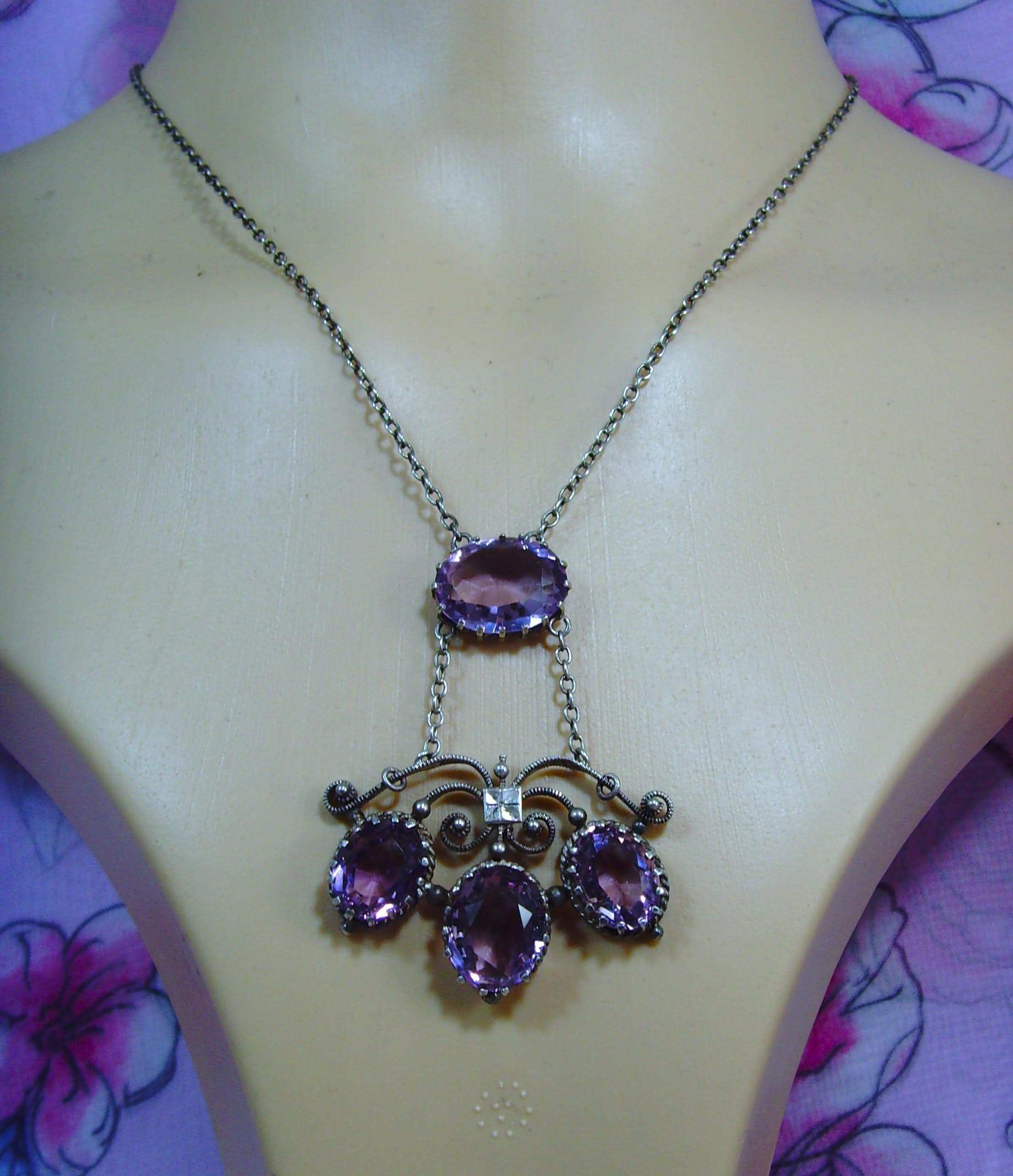 Collier Vintage Perles Résine Améthystes Sur Chaîne Argentée - Bijou Rétro Années 70