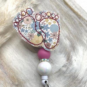 Embroidered Baby Feet Badge Reel - Labor & Delivery Nurse Felt Topper Interchangeable