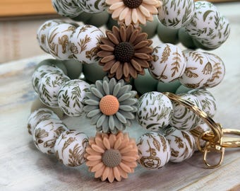 Neutral Beaded Wristlet Keychain, Silicone Leaf Daisy Bracelet Boho Key Holder