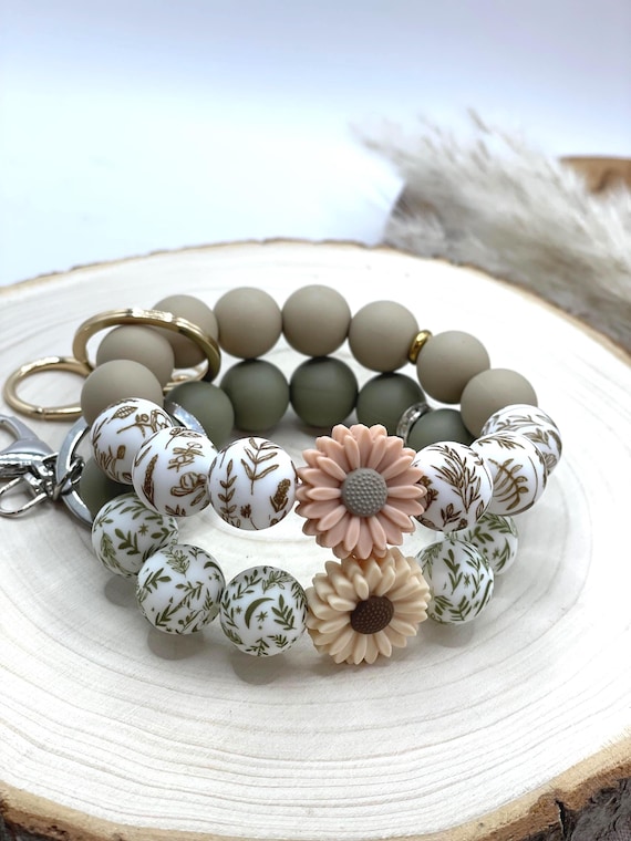 Neutral Beaded Wristlet Keychain Silicone Leaf Daisy Bracelet, Key Holder Boho Stretchy Bangle Gift for Her