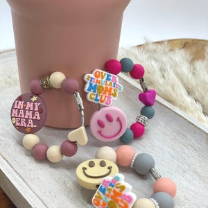 Overstimulated Mom’s Club Cup Handle Charm Smile Face Beaded Tumbler Accessory, Funny Clip On Bag or Luggage Charm Gift for Busy Moms