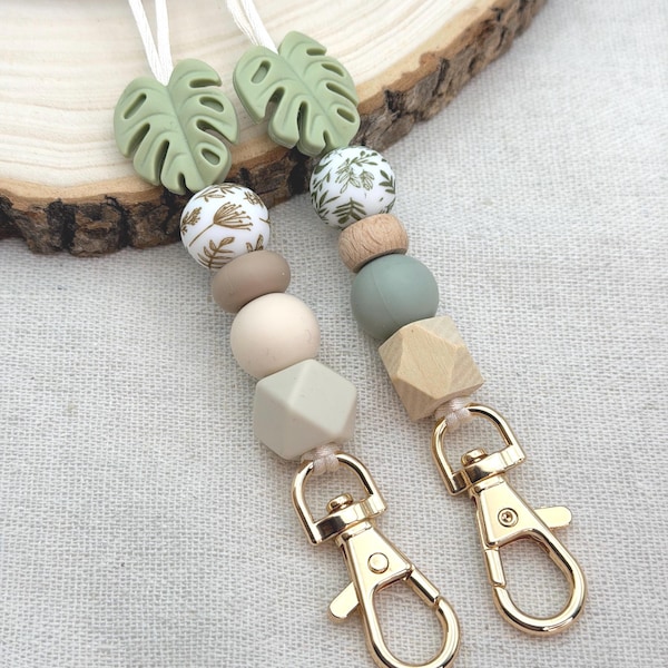 Boho Plant Lanyard Neutral Teacher Badge Holder Botanical Leaf Beaded Lanyard