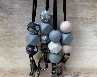 Monochrome Beaded Lanyard | Breakaway ID Badge Holder for Teachers Nurses Office Handmade Silicone Black & Grey Lanyard Gift Idea