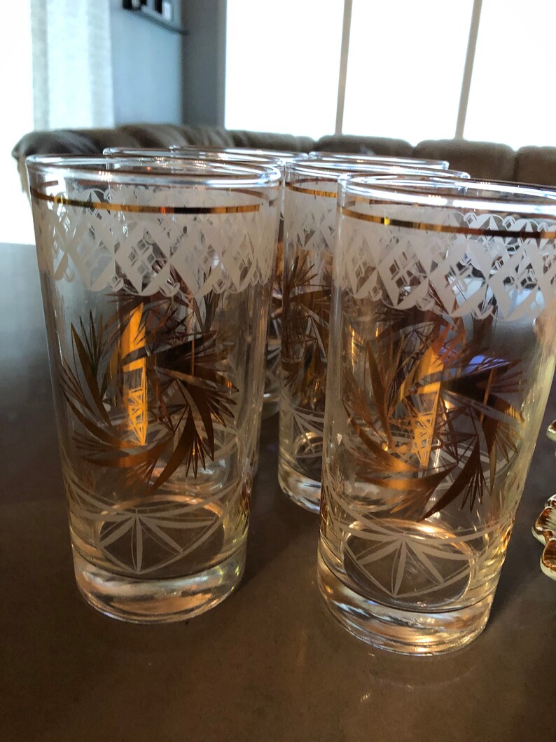 Vintage Mid Century Glasses Tumblers Etched Gold Stars Swirl Etsy