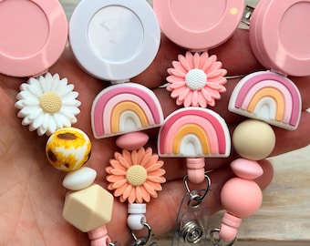 Rainbow Beaded Badge Reel Floral Daisy ID Holder, Retractable Clip