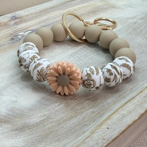 Neutral Beaded Wristlet Keychain, Silicone Leaf Daisy Bracelet Boho Key Holder image 12