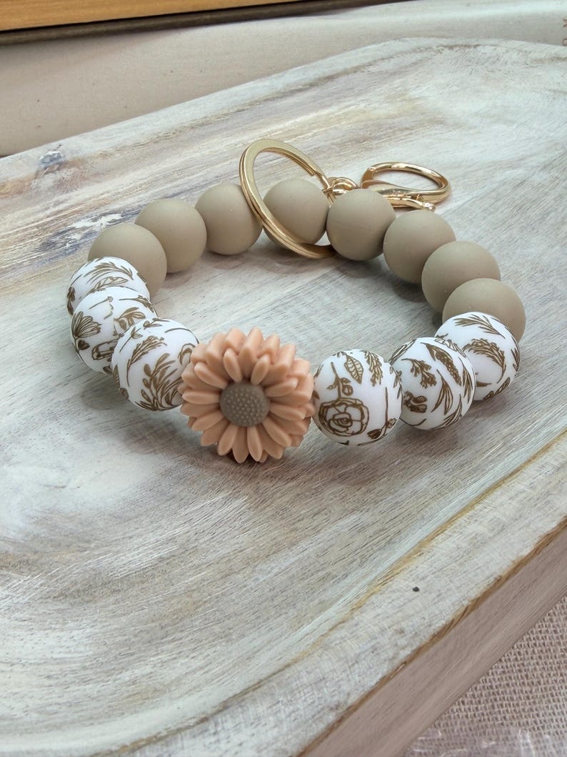Neutral Beaded Wristlet Keychain, Silicone Leaf Daisy Bracelet Boho Key Holder image 12