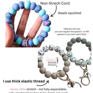 May include: A collection of beaded wristlet keychains in various colors and patterns. One keychain features blue, teal, and patterned beads. The text "Beth & Co DESIGNS BEADED JOY FOR EVERYDAY" is visible. The keychains are made with thick elastic thread.