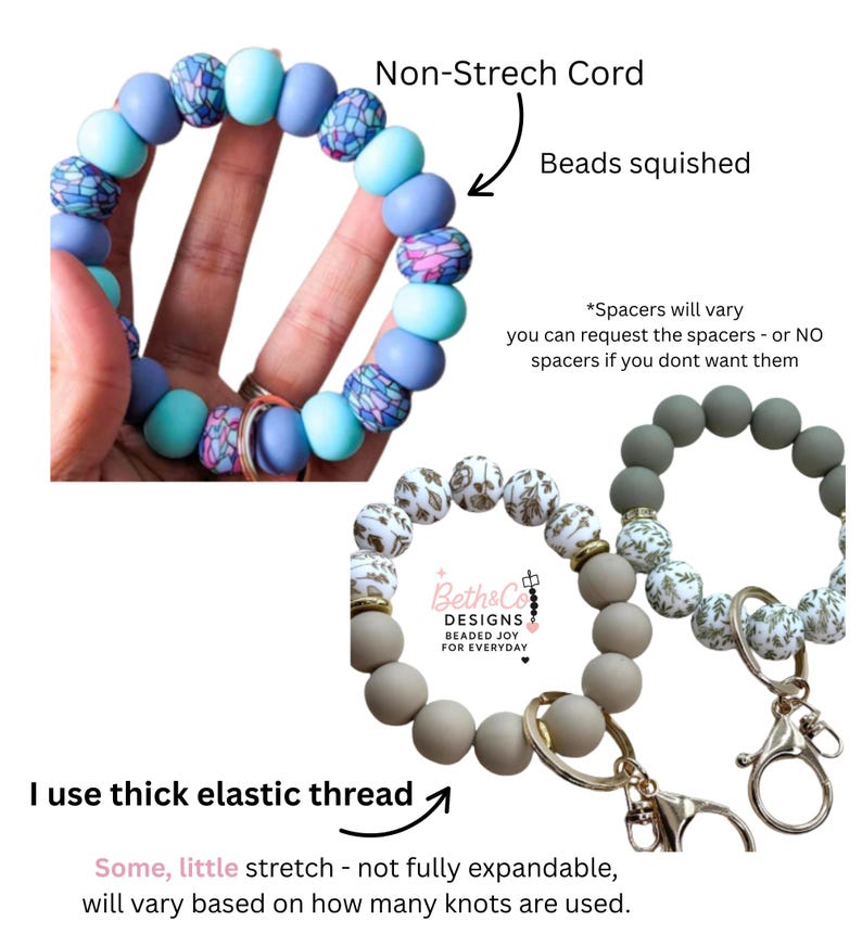 May include: A collection of beaded wristlet keychains in various colors and patterns. One keychain features blue, teal, and patterned beads. The text "Beth & Co DESIGNS BEADED JOY FOR EVERYDAY" is visible. The keychains are made with thick elastic thread.