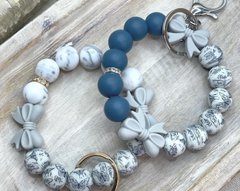 Beaded Wristlet Keychain with Bow: Butterfly Toile Design