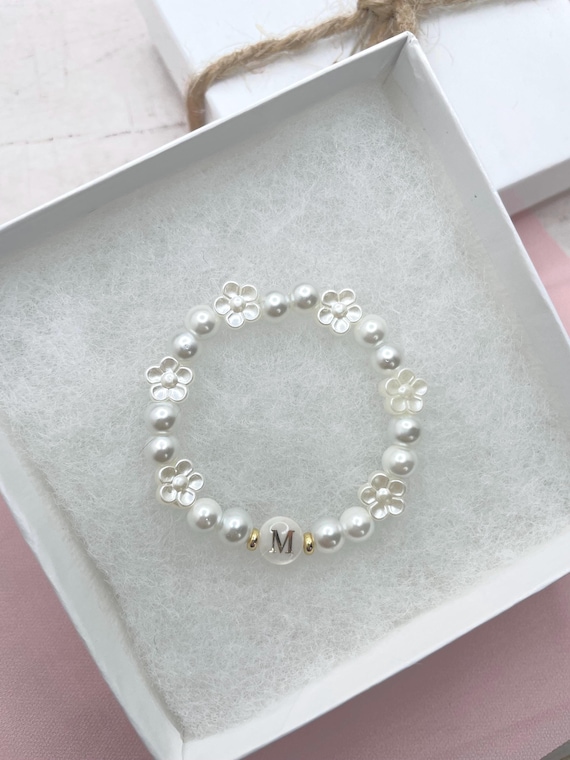 Personalized Pearl Flower Girl Bracelet, Initial Beaded Bracelet