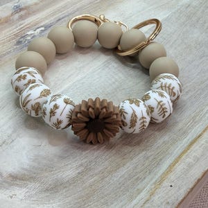 Neutral Beaded Wristlet Keychain, Silicone Leaf Daisy Bracelet Boho Key Holder image 13