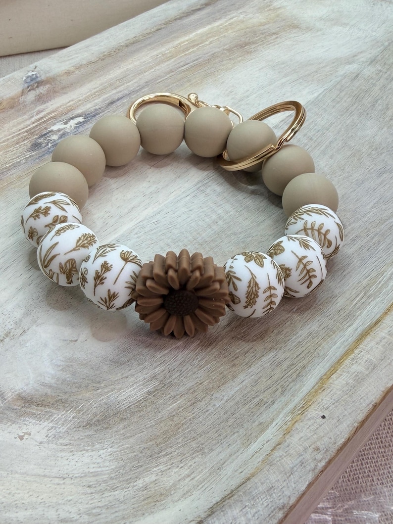 Neutral Beaded Wristlet Keychain, Silicone Leaf Daisy Bracelet Boho Key Holder image 13