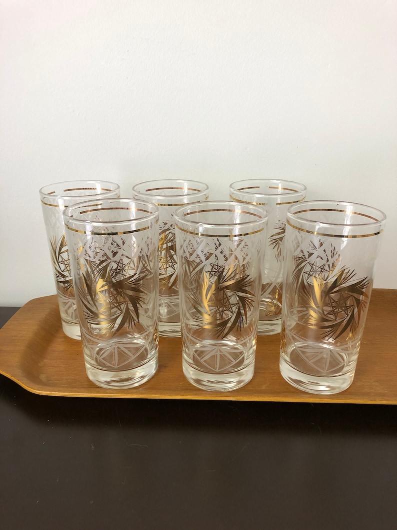 Vintage Mid Century Glasses Tumblers Etched Gold Stars Swirl Etsy