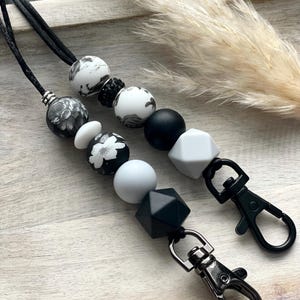 Black & White Floral Beaded Lanyard – Breakaway ID Badge Holder for Nurses, Teachers, Office | Handmade Beaded Monochrome Lanyard Gift
