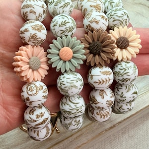 Neutral Beaded Wristlet Keychain, Silicone Leaf Daisy Bracelet Boho Key Holder image 2
