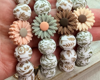 Neutral Beaded Wristlet Keychain, Silicone Leaf Daisy Bracelet Boho Key Holder